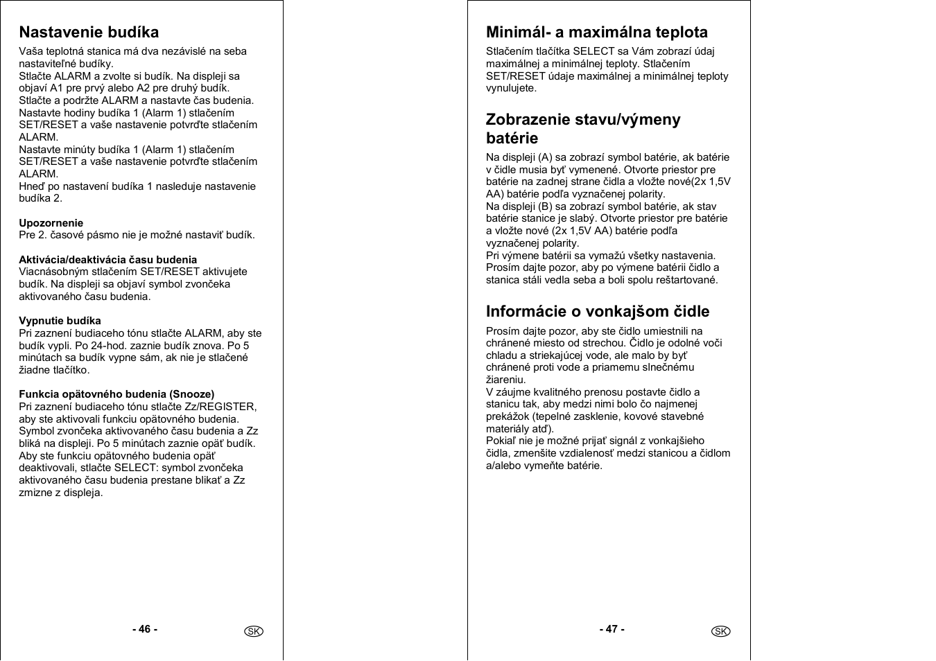 Nastavenie budíka, Minimál- a maximálna teplota, Zobrazenie stavu/výmeny batérie | Informácie o vonkajšom čidle | Auriol 4-LD3030 User Manual | Page 25 / 27