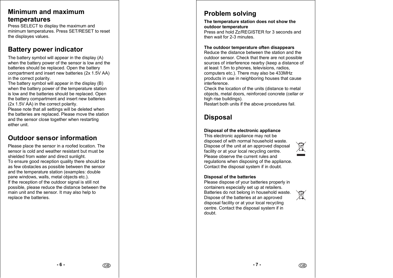 Minimum and maximum temperatures, Battery power indicator, Outdoor sensor information | Problem solving, Disposal | Auriol 4-LD3030 User Manual | Page 5 / 27