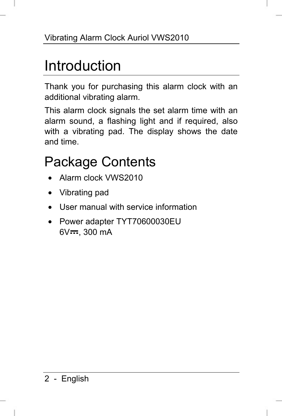 Introduction, Package contents | Auriol VWS 2010 User Manual | Page 3 / 46