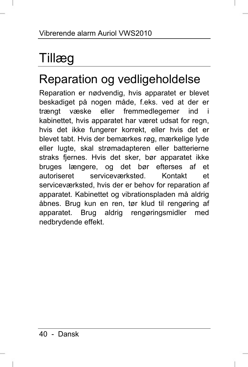 Tillæg, Reparation og vedligeholdelse | Auriol VWS 2010 User Manual | Page 41 / 46