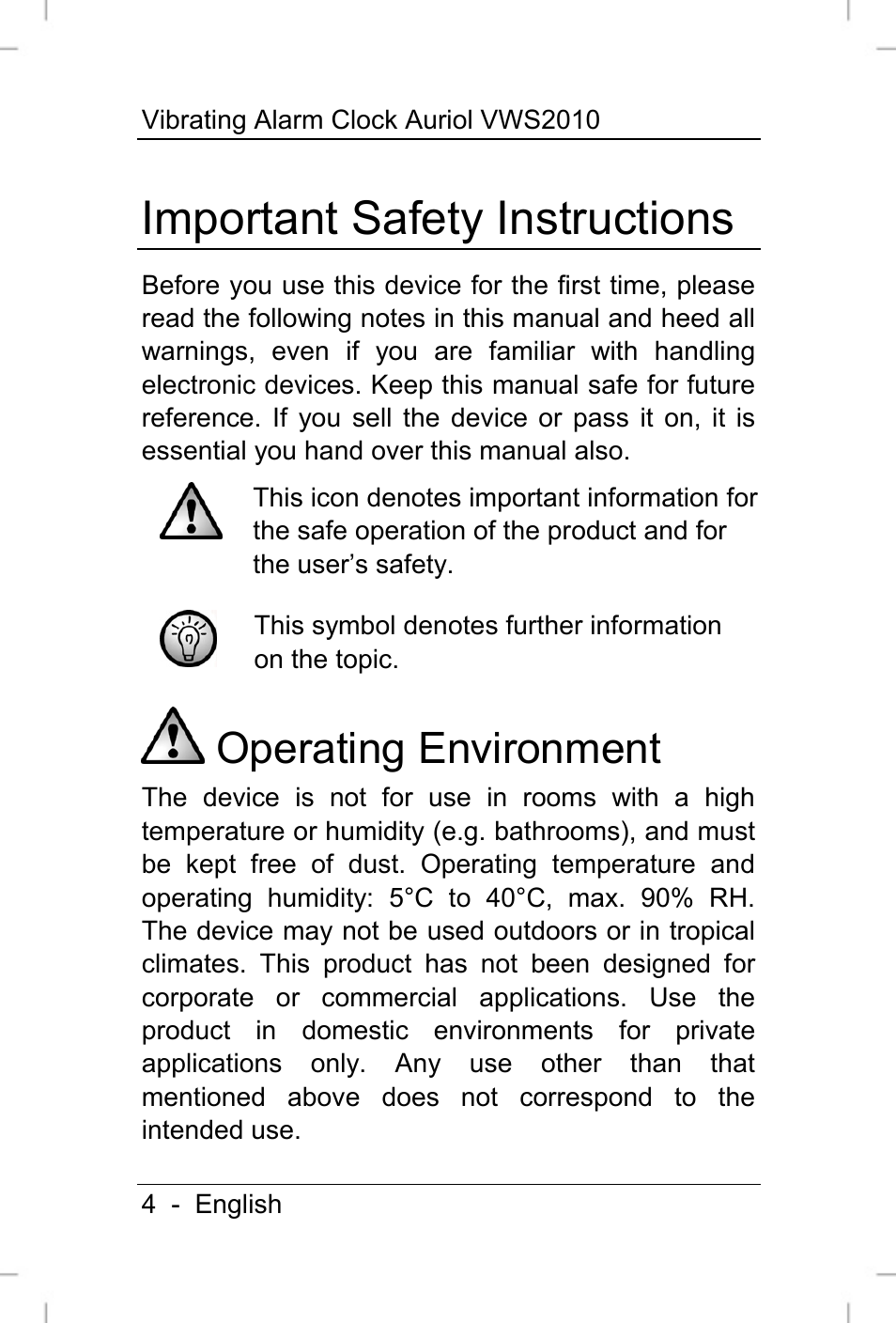 Important safety instructions, Operating environment | Auriol VWS 2010 User Manual | Page 5 / 46