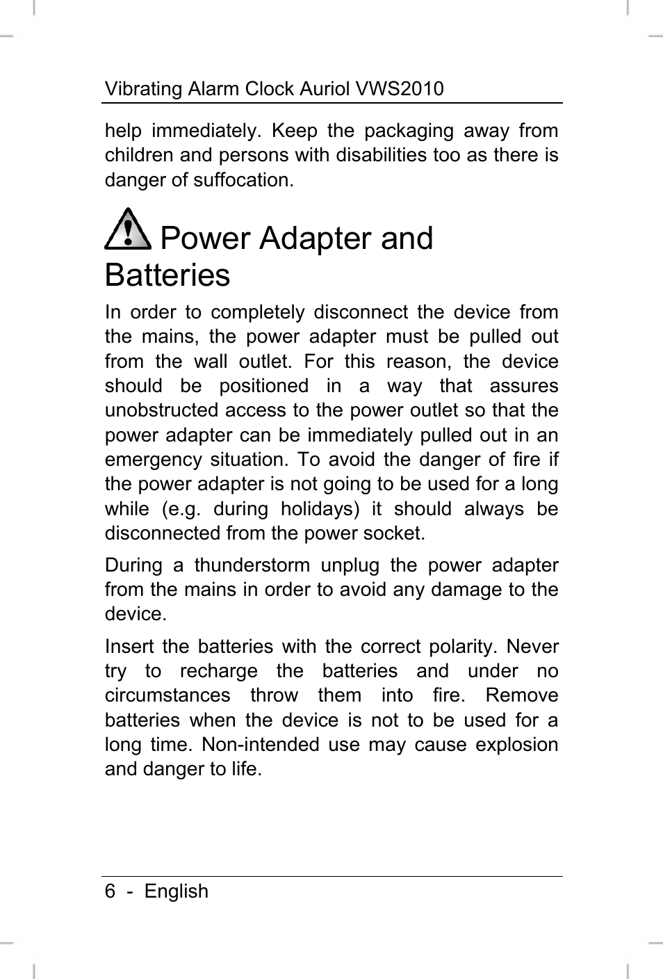 Power adapter and batteries | Auriol VWS 2010 User Manual | Page 7 / 46