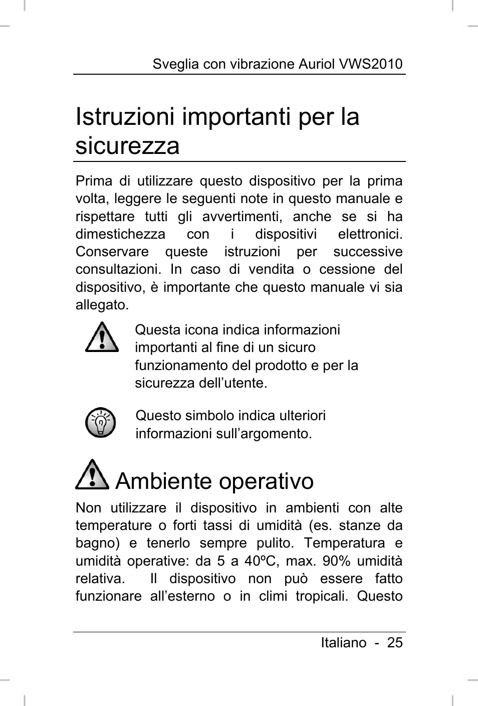 Istruzioni importanti per la sicurezza, Ambiente operativo | Auriol VWS 2010 User Manual | Page 26 / 88