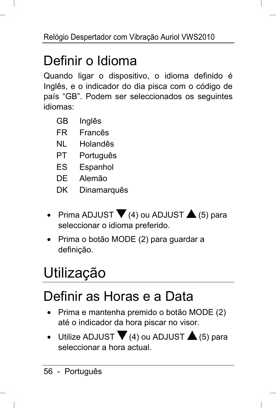 Utilização, Definir o idioma, Definir as horas e a data | Auriol VWS 2010 User Manual | Page 57 / 88