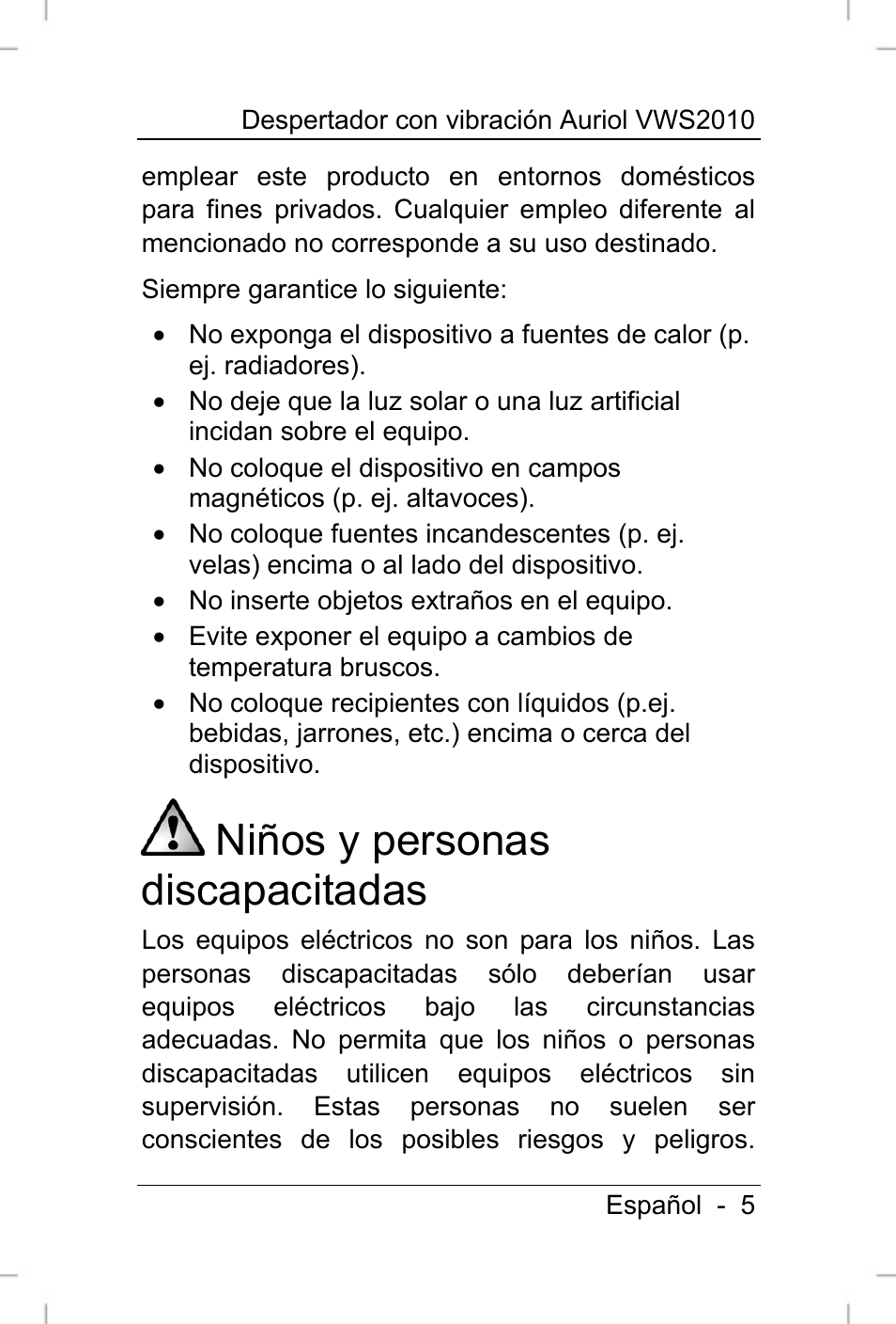 Niños y personas discapacitadas | Auriol VWS 2010 User Manual | Page 6 / 88