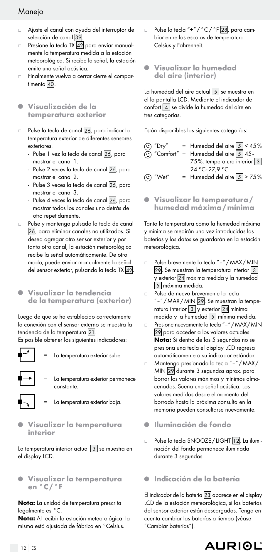 Manejo, Visualización de la temperatura exterior, Visualizar la temperatura interior | Visualizar la temperatura en °c / °f, Visualizar la humedad del aire (interior), Iluminación de fondo, Indicación de la batería | Auriol Z29536 User Manual | Page 12 / 55