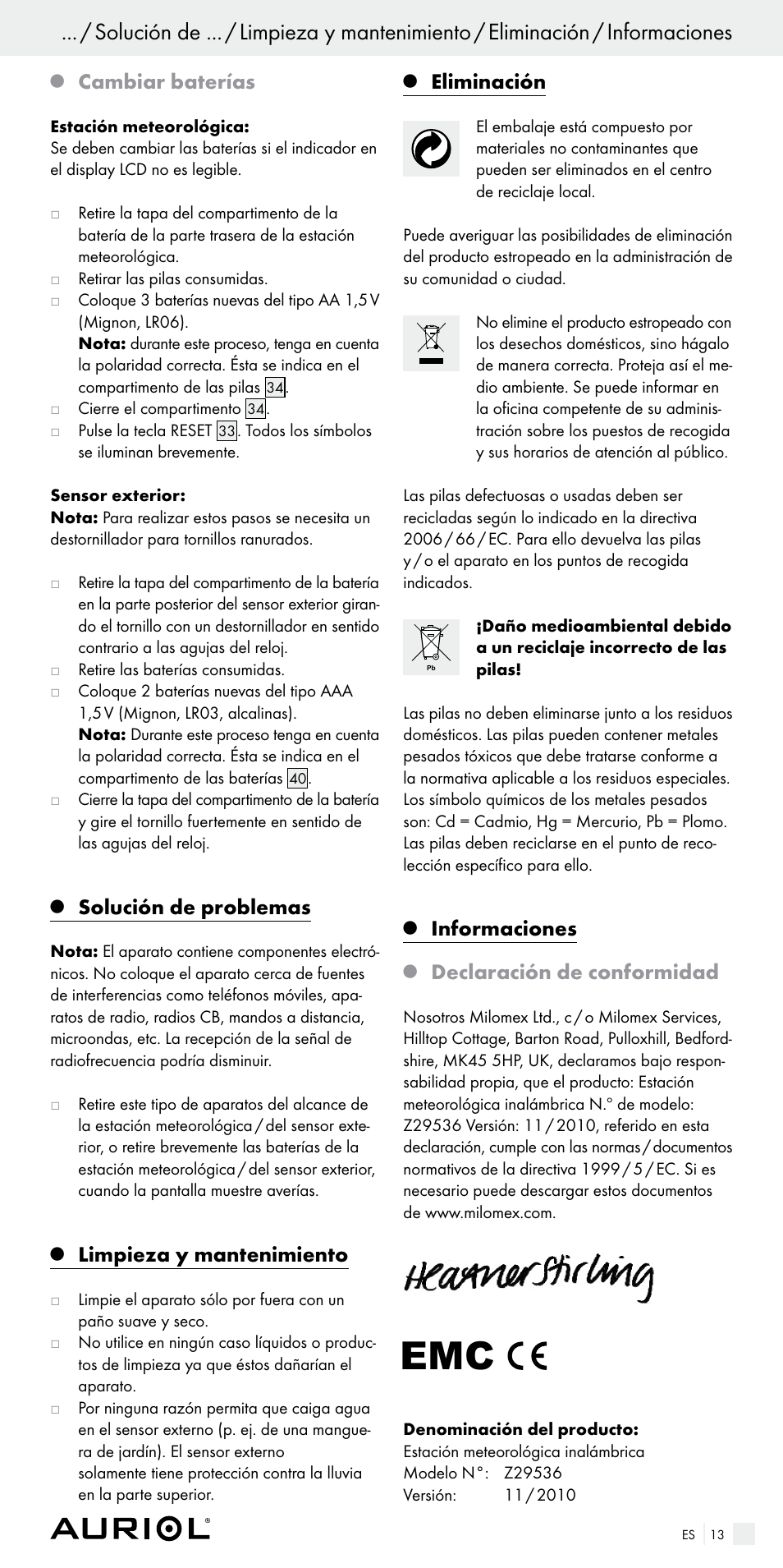 Cambiar baterías, Solución de problemas, Limpieza y mantenimiento | Eliminación, Informaciones, Declaración de conformidad | Auriol Z29536 User Manual | Page 13 / 55