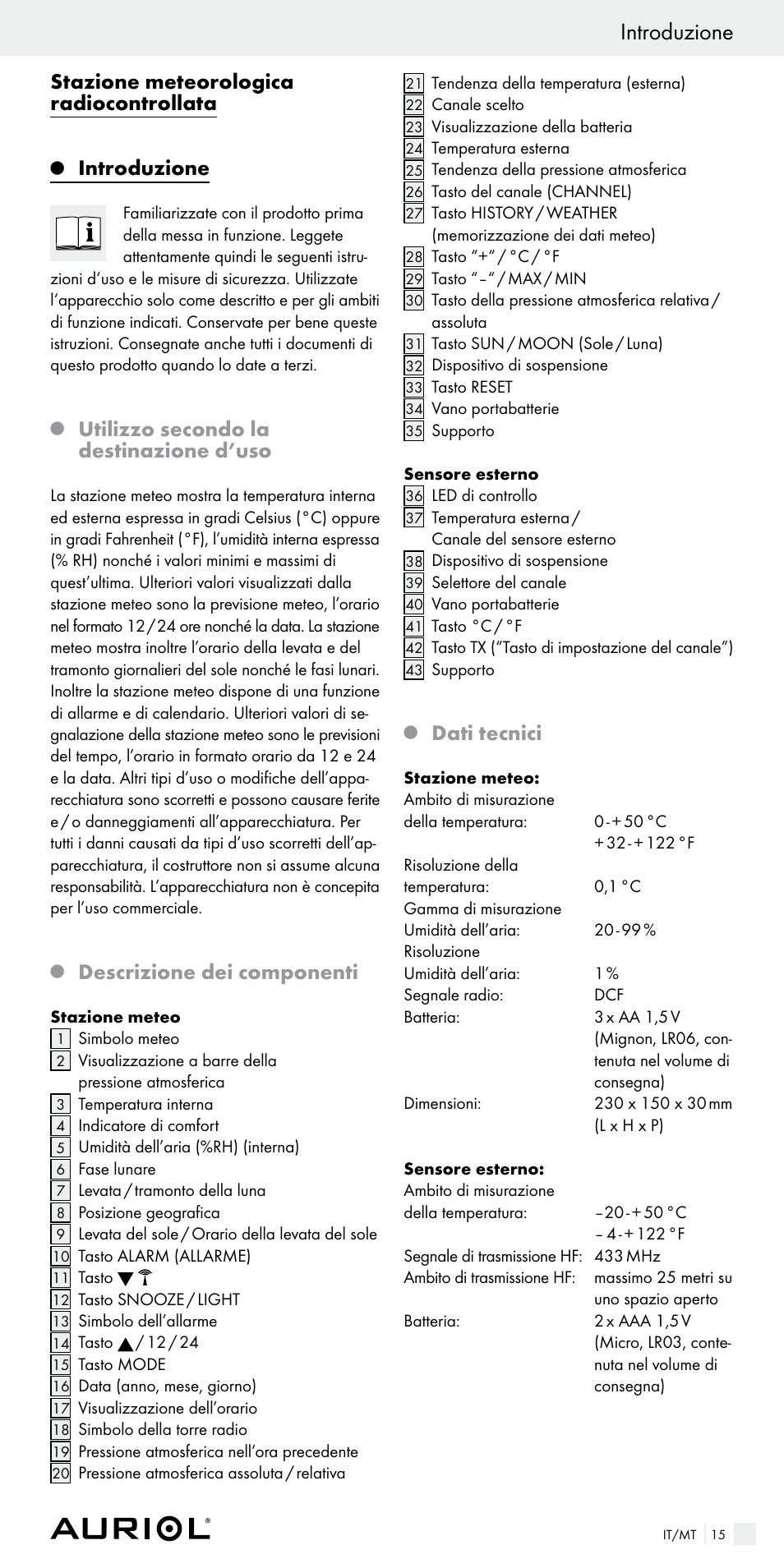 Introduzione, Stazione meteorologica radiocontrollata, Utilizzo secondo la destinazione d’uso | Descrizione dei componenti, Dati tecnici | Auriol Z29536 User Manual | Page 15 / 55