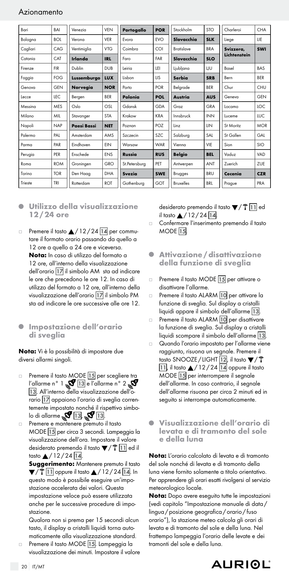 Azionamento, Utilizzo della visualizzazione 12 / 24 ore, Impostazione dell’orario di sveglia | Jpremere il tasto / 12 / 24, Per scegliere tra l’allarme n° 1, E l’allarme n° 2, All’interno della visualizzazione dell’o- rario, J premere e mantenere premuto il tasto mode, Ed il tasto / 12 / 24, Suggerimento: mantenere premuto il tasto | Auriol Z29536 User Manual | Page 20 / 55