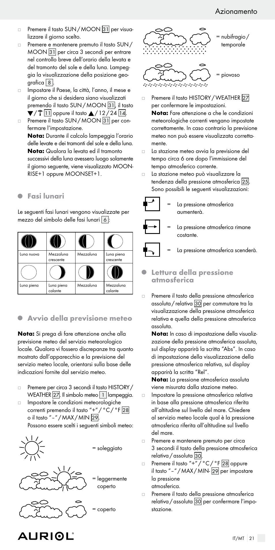 Azionamento, Fasi lunari, Avvio della previsione meteo | Lettura della pressione atmosferica | Auriol Z29536 User Manual | Page 21 / 55