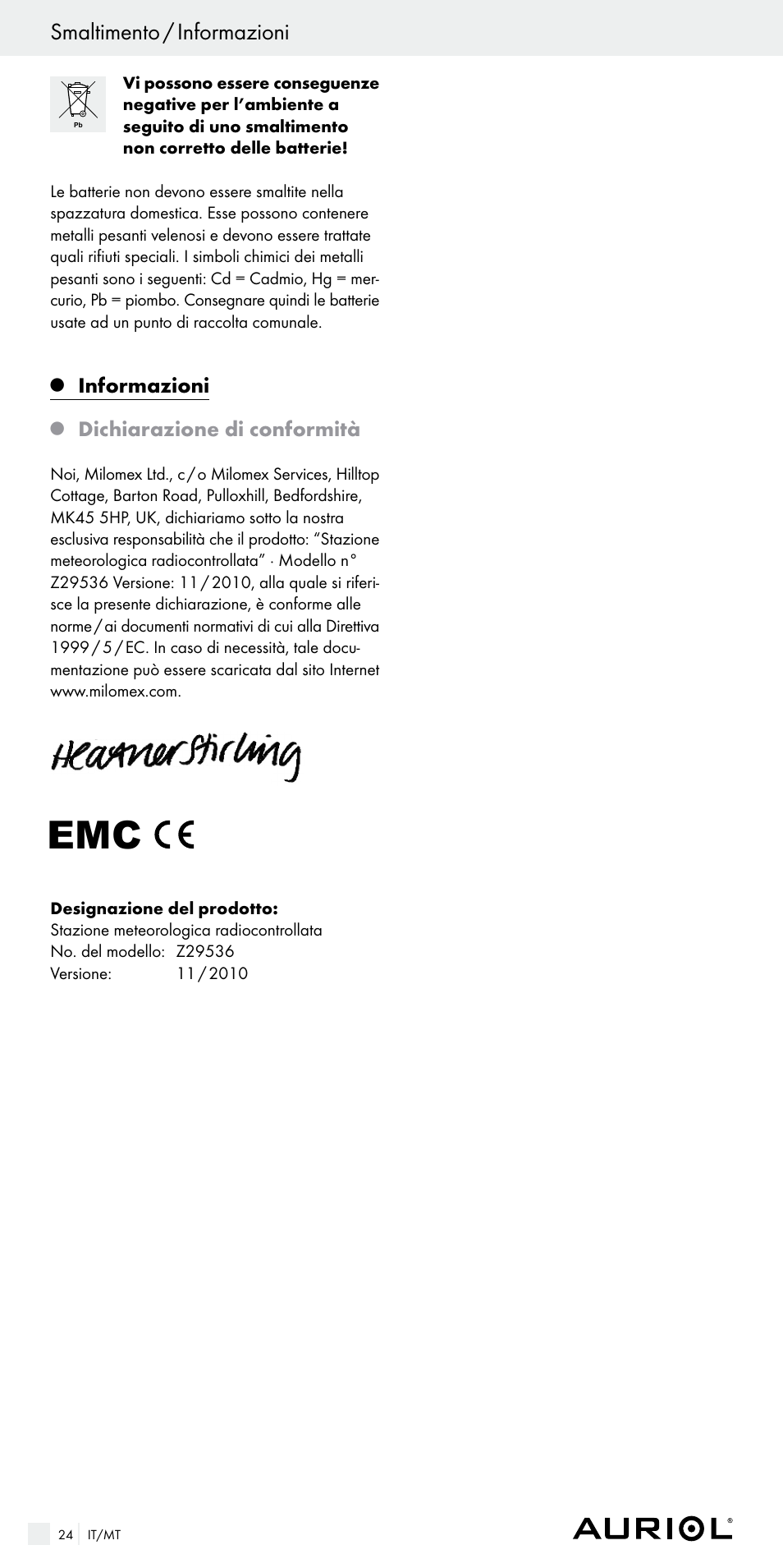 Smaltimento / informazioni, Informazioni, Dichiarazione di conformità | Auriol Z29536 User Manual | Page 24 / 55