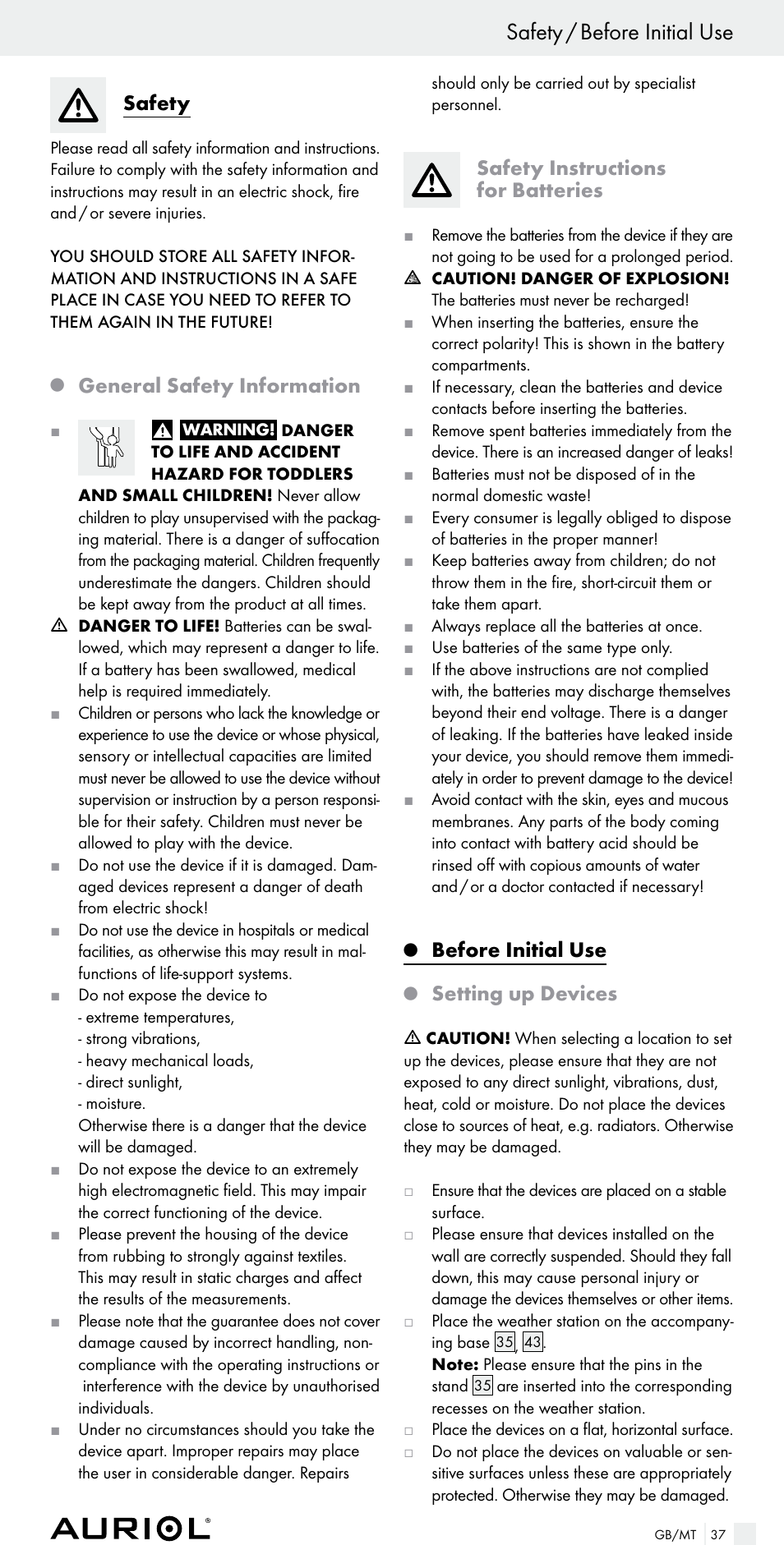 Safety / before initial use, Safety, General safety information | Safety instructions for batteries, Before initial use, Setting up devices | Auriol Z29536 User Manual | Page 37 / 55