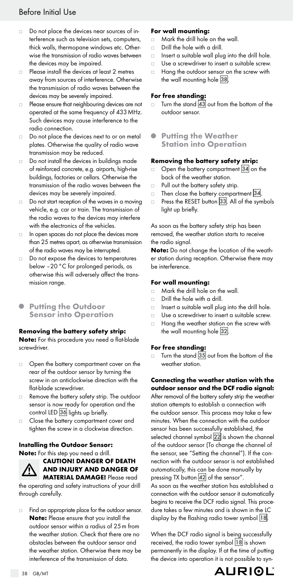 Before initial use, Putting the outdoor sensor into operation, Putting the weather station into operation | Auriol Z29536 User Manual | Page 38 / 55