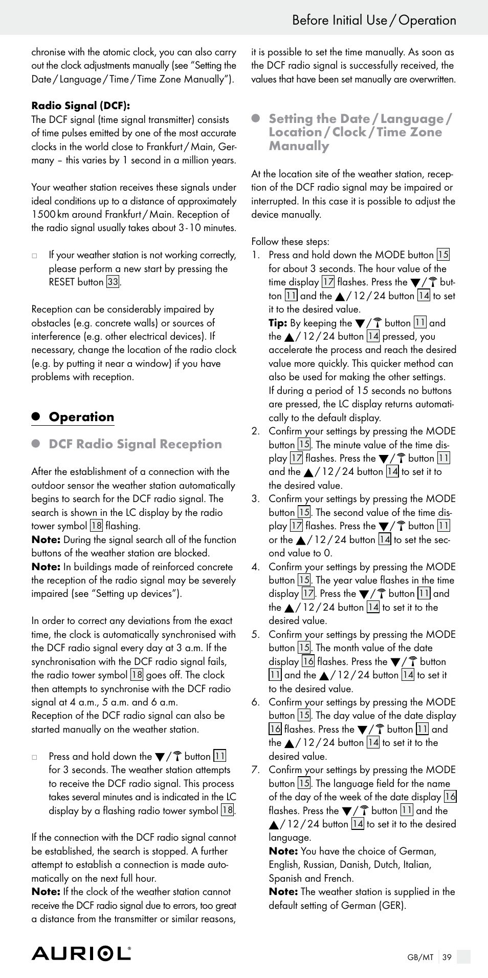 Before initial use / operation, Operation, Dcf radio signal reception | Auriol Z29536 User Manual | Page 39 / 55