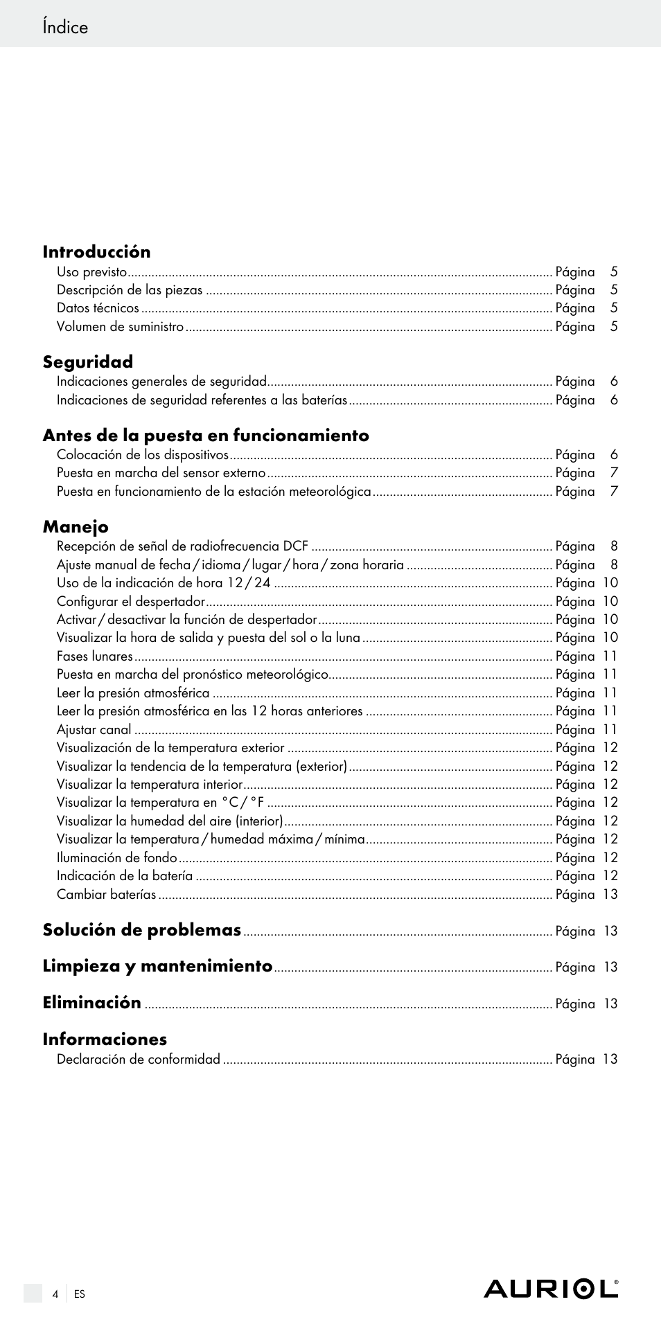 Índice | Auriol Z29536 User Manual | Page 4 / 55