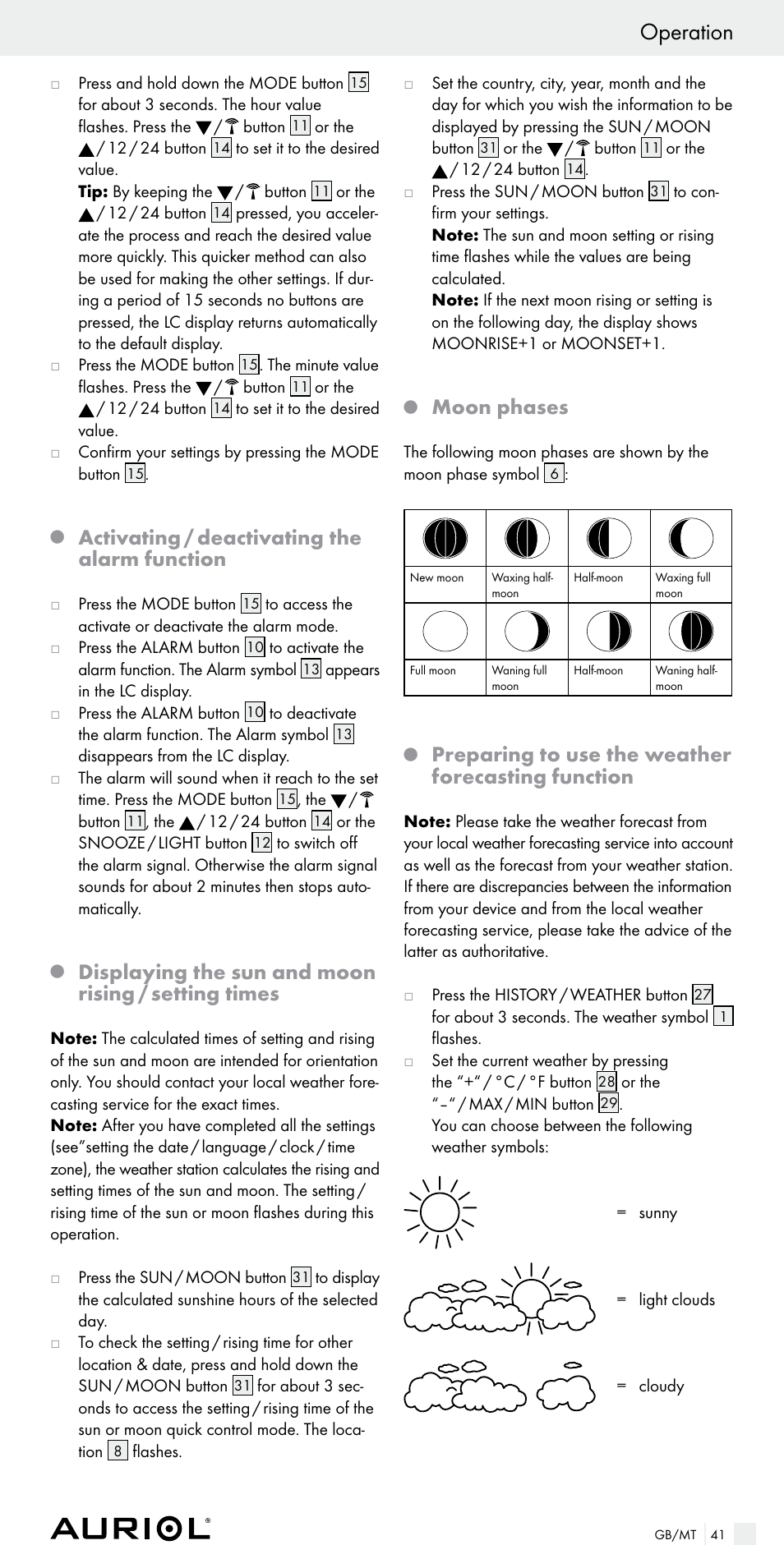 Operation, Activating / deactivating the alarm function, Displaying the sun and moon rising / setting times | Moon phases, Preparing to use the weather forecasting function | Auriol Z29536 User Manual | Page 41 / 55