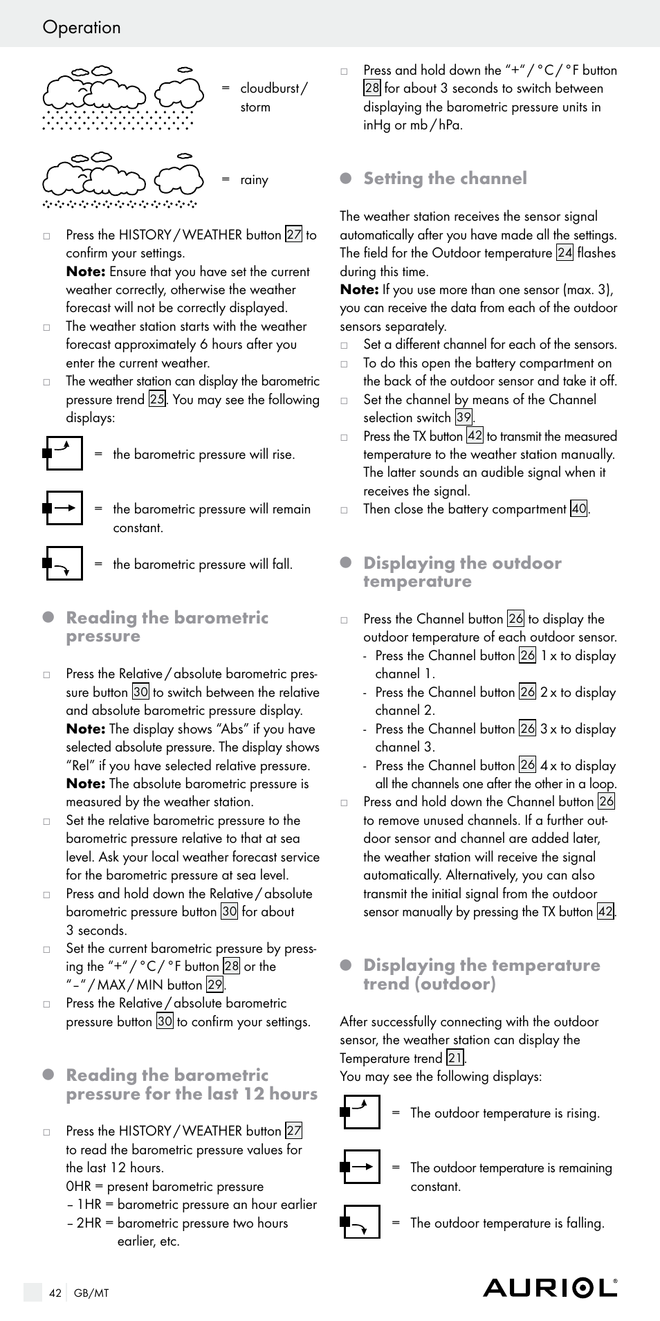 Operation, Reading the barometric pressure, Setting the channel | Displaying the outdoor temperature, Displaying the temperature trend (outdoor) | Auriol Z29536 User Manual | Page 42 / 55