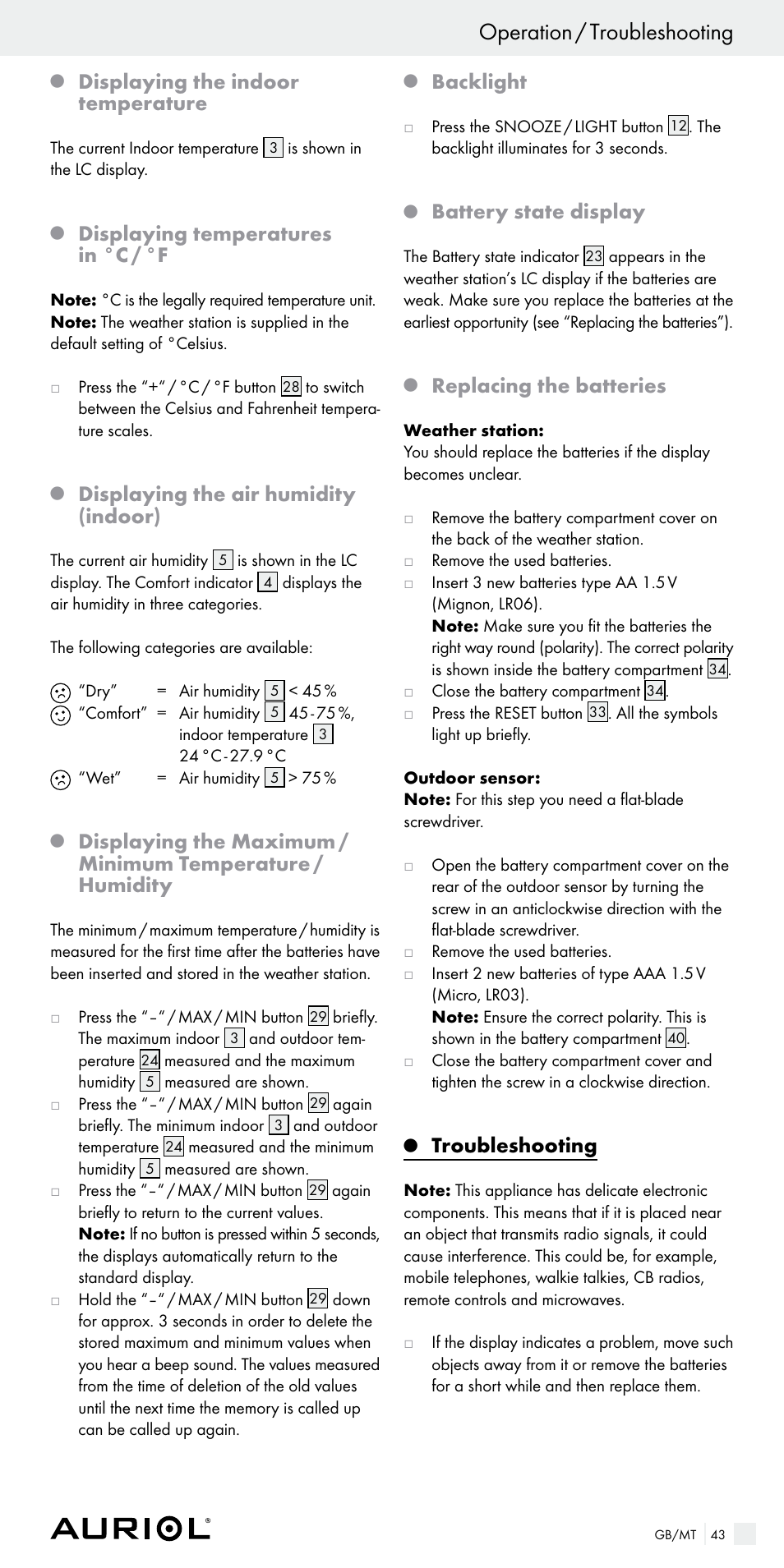 Operation / troubleshooting, Displaying the indoor temperature, Displaying temperatures in °c / °f | Displaying the air humidity (indoor), Backlight, Battery state display, Replacing the batteries, Troubleshooting | Auriol Z29536 User Manual | Page 43 / 55