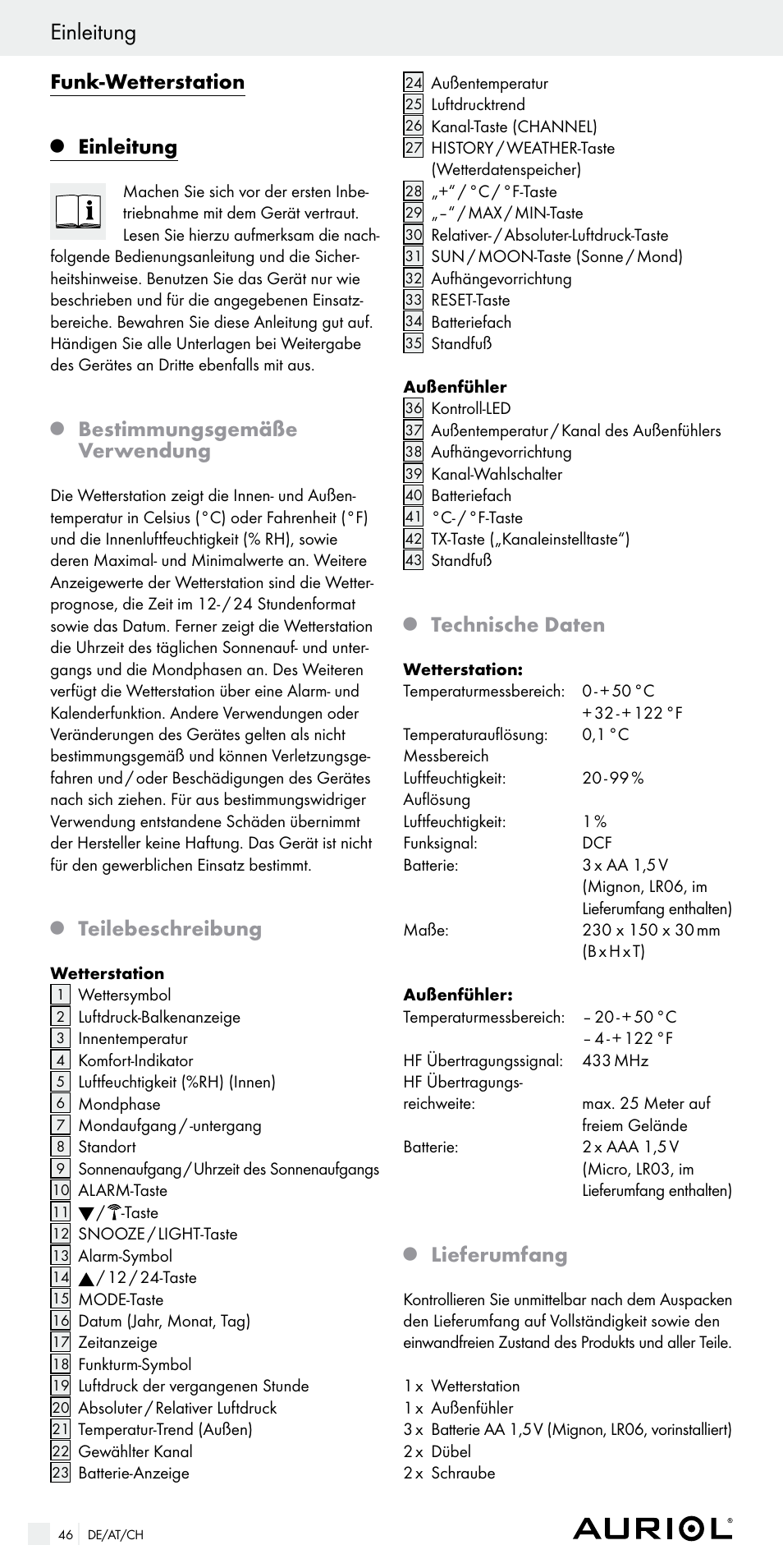 Einleitung, Funk­wetterstation, Bestimmungsgemäße verwendung | Teilebeschreibung, Technische daten, Lieferumfang | Auriol Z29536 User Manual | Page 46 / 55