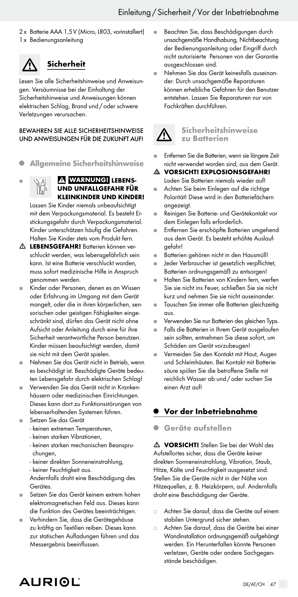 Einleitung / sicherheit / vor der inbetriebnahme, Sicherheit, Allgemeine sicherheitshinweise | Sicherheitshinweise zu batterien, Vor der inbetriebnahme, Geräte aufstellen | Auriol Z29536 User Manual | Page 47 / 55