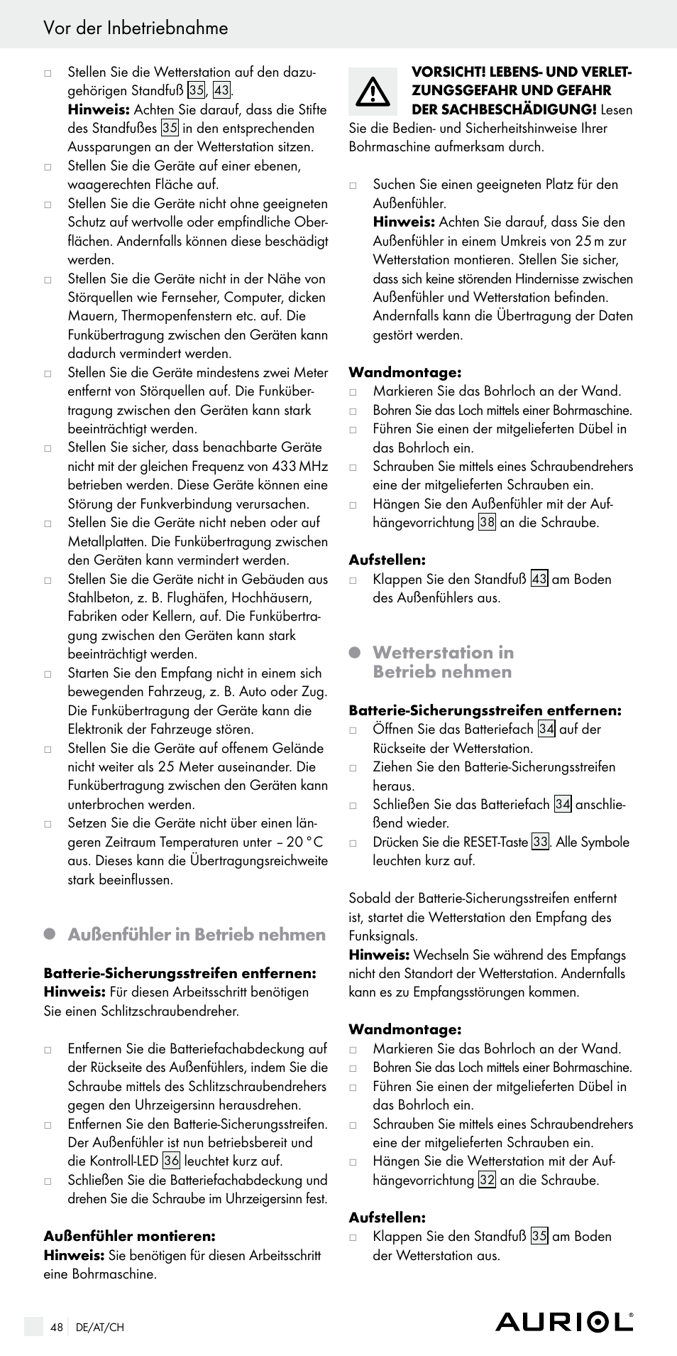 Vor der inbetriebnahme, Außenfühler in betrieb nehmen, Wetterstation in betrieb nehmen | Auriol Z29536 User Manual | Page 48 / 55