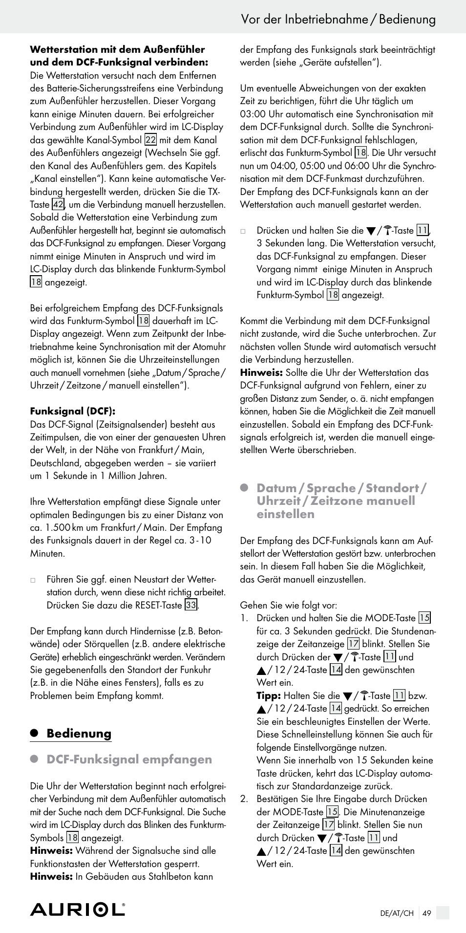 Vor der inbetriebnahme / bedienung, Bedienung, Dcf­funksignal empfangen | Auriol Z29536 User Manual | Page 49 / 55