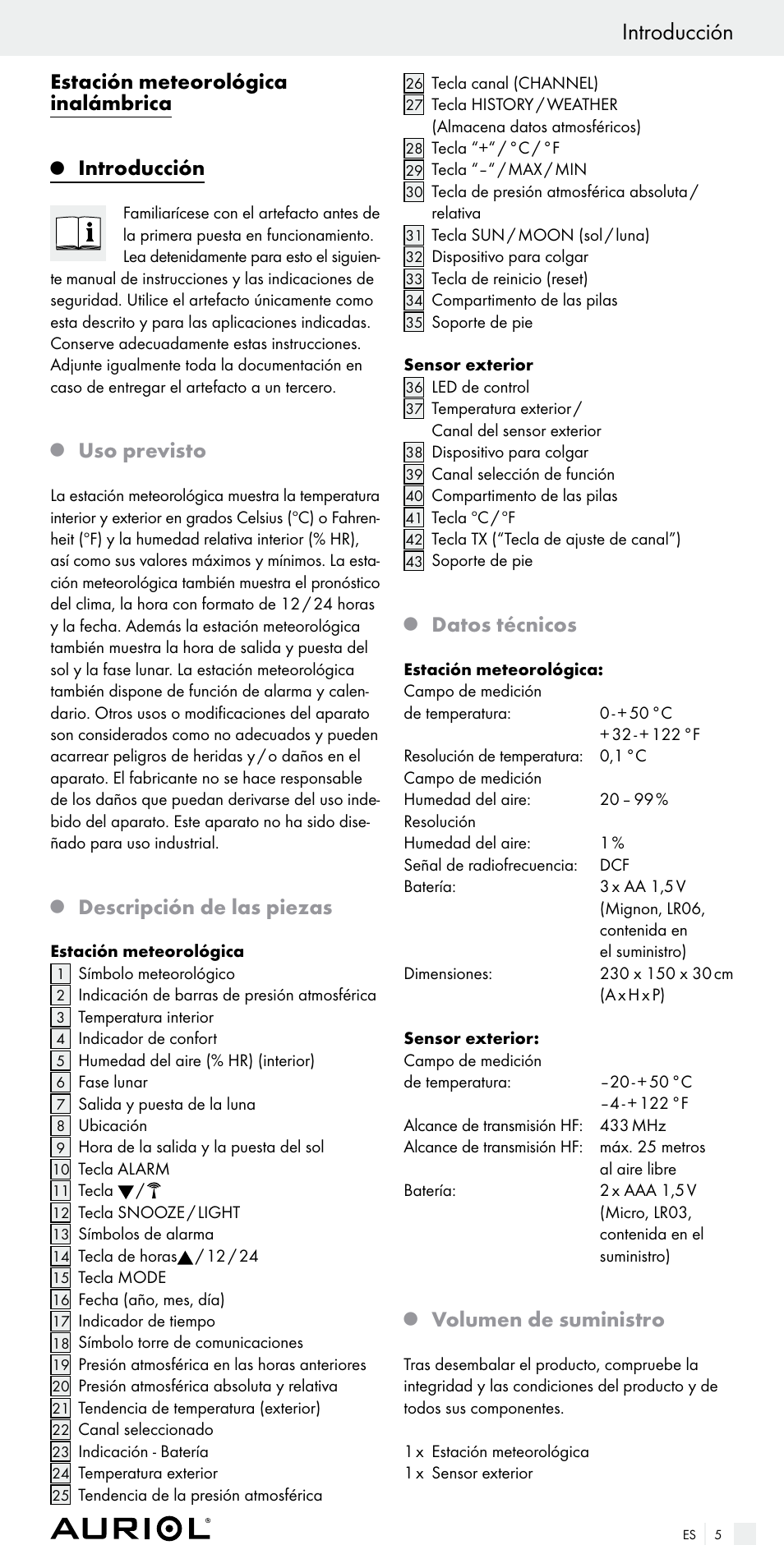 Introducción, Estación meteorológica inalámbrica, Uso previsto | Descripción de las piezas, Datos técnicos, Volumen de suministro | Auriol Z29536 User Manual | Page 5 / 55