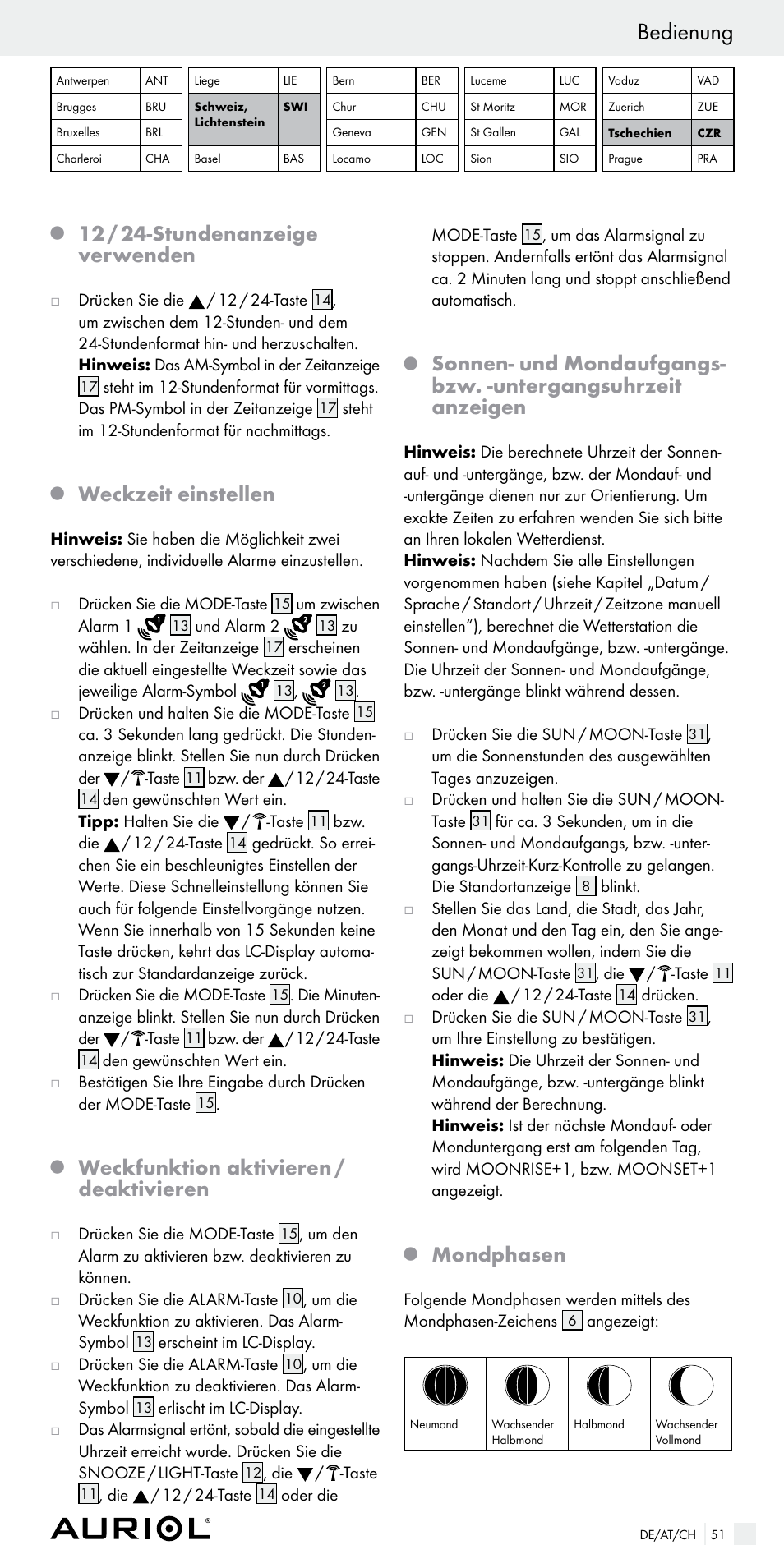 Bedienung, 12 / 24­stundenanzeige verwenden, Weckzeit einstellen | Weckfunktion aktivieren / deaktivieren, Mondphasen | Auriol Z29536 User Manual | Page 51 / 55