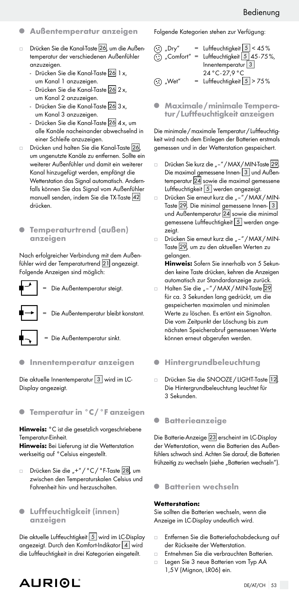 Bedienung, Außentemperatur anzeigen, Temperaturtrend (außen) anzeigen | Innentemperatur anzeigen, Temperatur in °c / °f anzeigen, Luftfeuchtigkeit (innen) anzeigen, Hintergrundbeleuchtung, Batterieanzeige, Batterien wechseln | Auriol Z29536 User Manual | Page 53 / 55