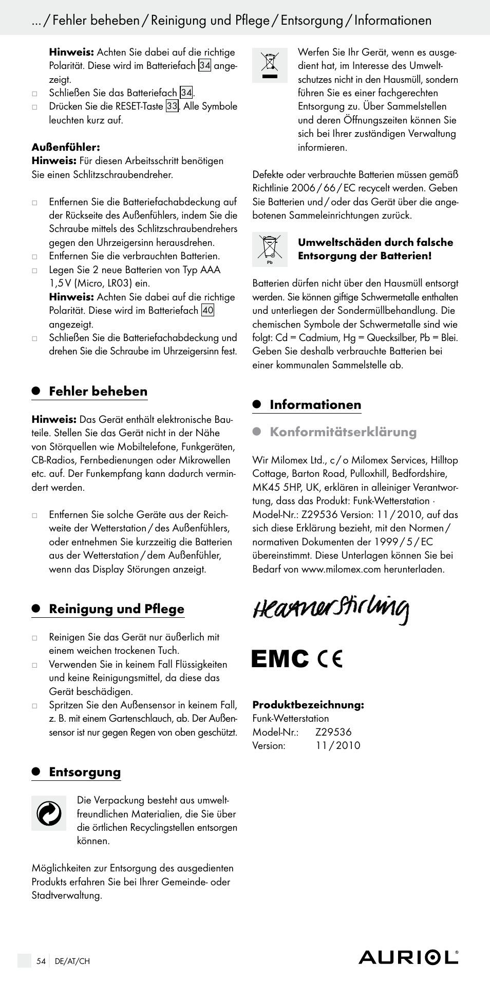 Fehler beheben, Reinigung und pflege, Entsorgung | Informationen, Konformitätserklärung | Auriol Z29536 User Manual | Page 54 / 55