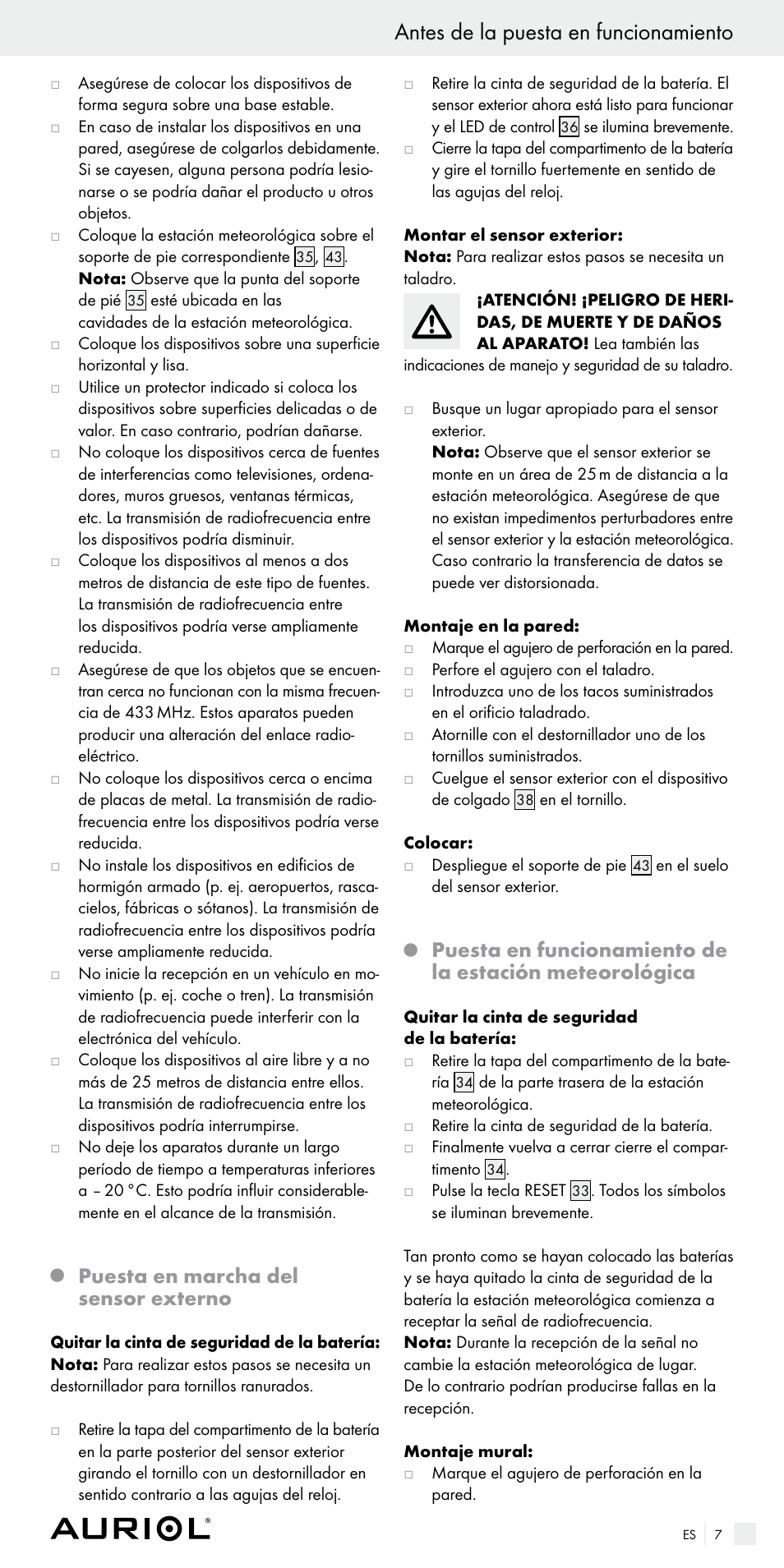 Antes de la puesta en funcionamiento, Puesta en marcha del sensor externo | Auriol Z29536 User Manual | Page 7 / 55