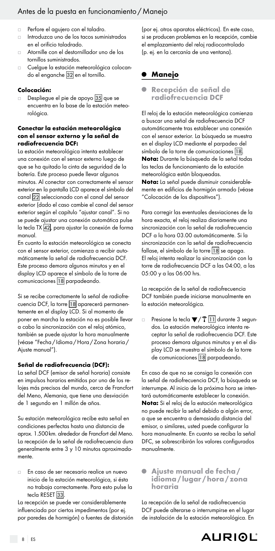 Antes de la puesta en funcionamiento / manejo, Manejo, Recepción de señal de radiofrecuencia dcf | Auriol Z29536 User Manual | Page 8 / 55