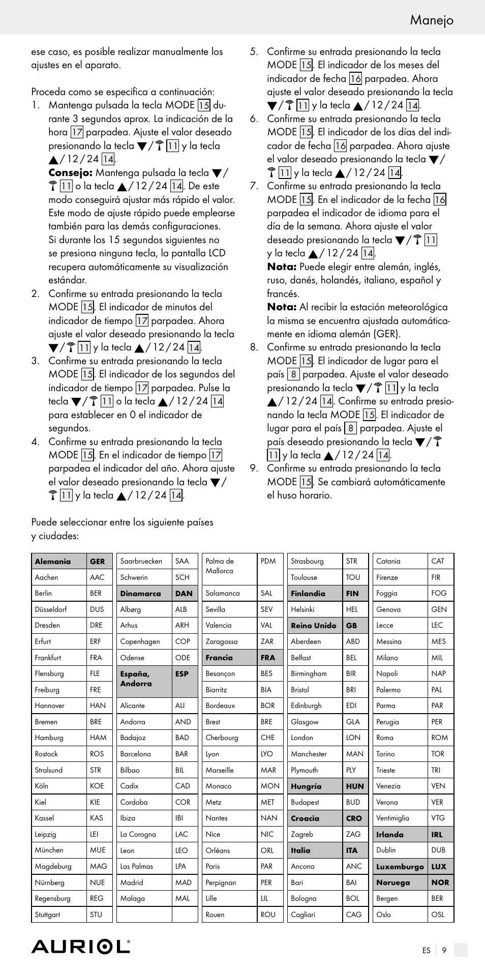 Manejo, Y la tecla / 12 / 24, Consejo: mantenga pulsada la tecla | O la tecla / 12 / 24, El indicador de minutos del indicador de tiempo, Confirme su entrada presionando la tecla mode, Parpadea. pulse la tecla, En el indicador de tiempo, El indicador de los meses del indicador de fecha, El indicador de los días del indi- cador de fecha | Auriol Z29536 User Manual | Page 9 / 55