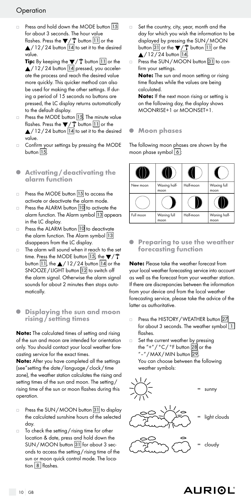 Operation, Activating / deactivating the alarm function, Displaying the sun and moon rising / setting times | Moon phases, Preparing to use the weather forecasting function | Auriol Z29536 User Manual | Page 10 / 75