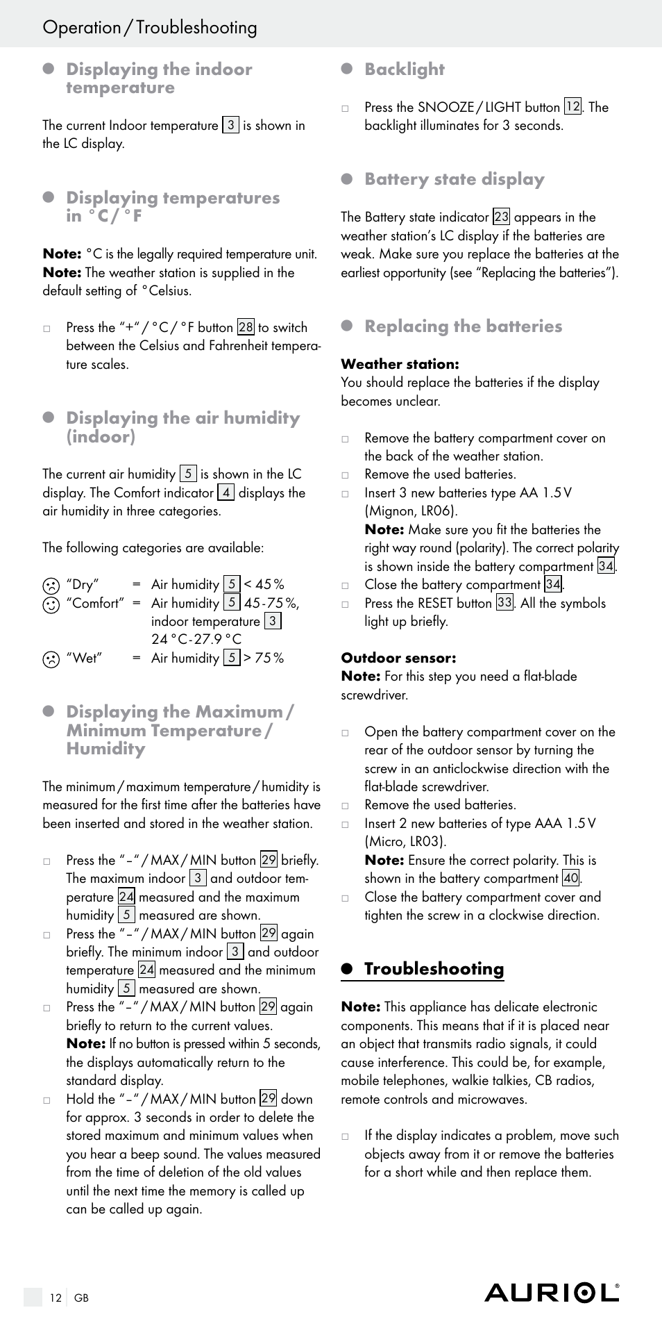 Operation / troubleshooting, Displaying the indoor temperature, Displaying temperatures in °c / °f | Displaying the air humidity (indoor), Backlight, Battery state display, Replacing the batteries, Troubleshooting | Auriol Z29536 User Manual | Page 12 / 75