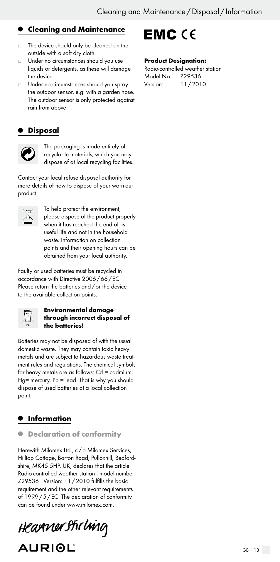 Cleaning and maintenance / disposal / information, Cleaning and maintenance, Disposal | Information, Declaration of conformity | Auriol Z29536 User Manual | Page 13 / 75