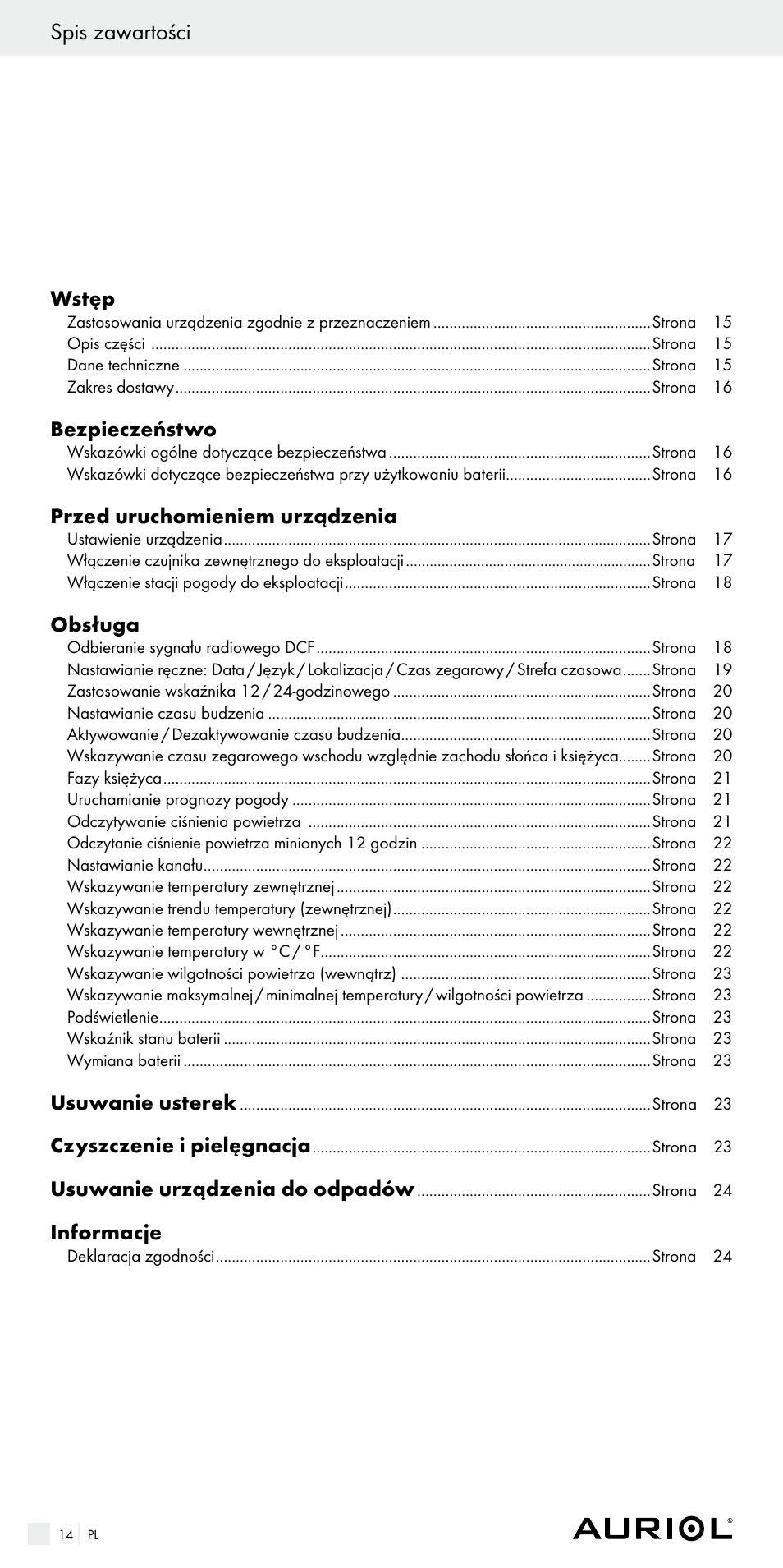 Spis zawartości | Auriol Z29536 User Manual | Page 14 / 75