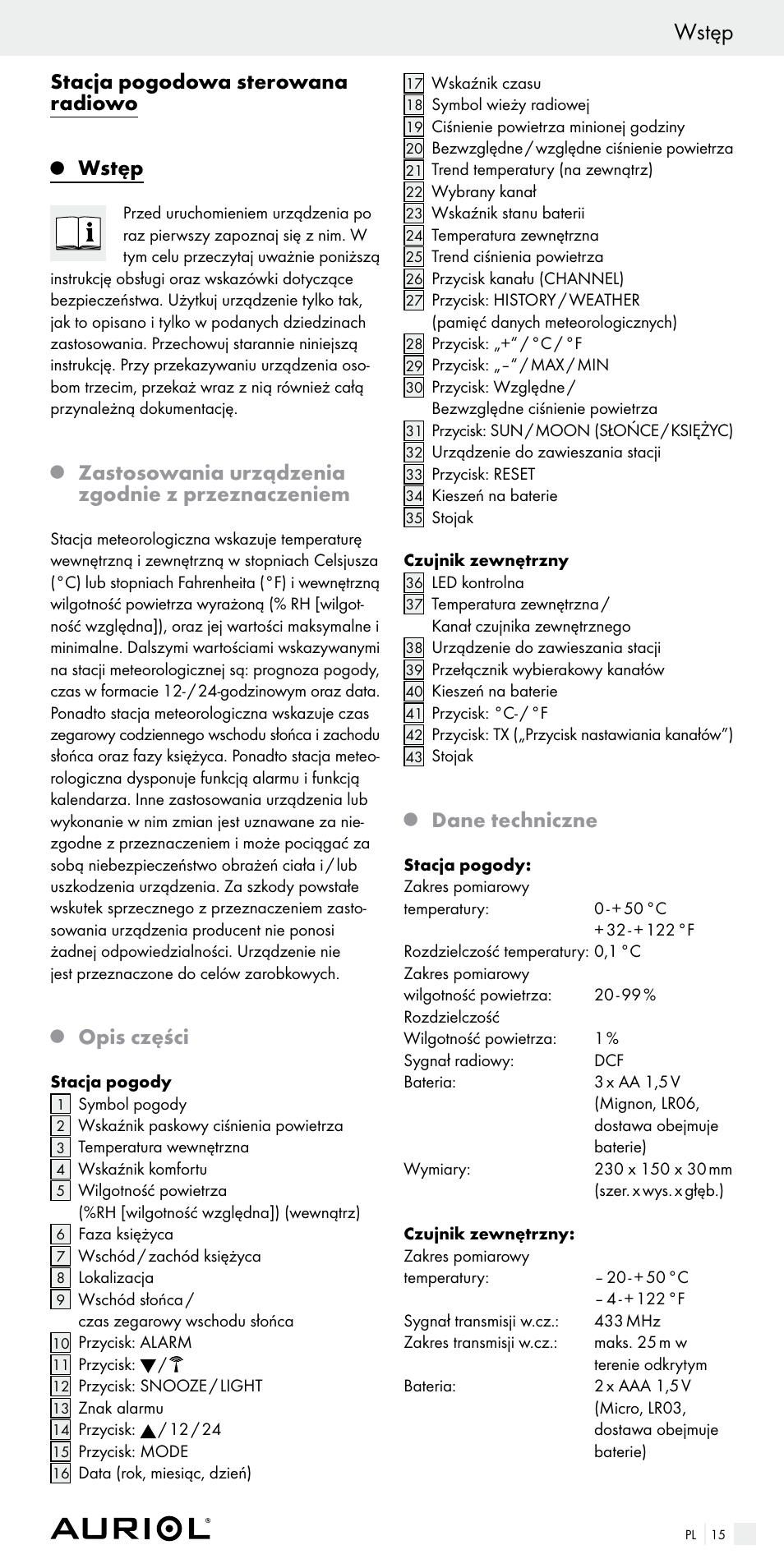 Wstęp, Stacja pogodowa sterowana radiowo, Zastosowania urządzenia zgodnie z przeznaczeniem | Opis części, Dane techniczne | Auriol Z29536 User Manual | Page 15 / 75