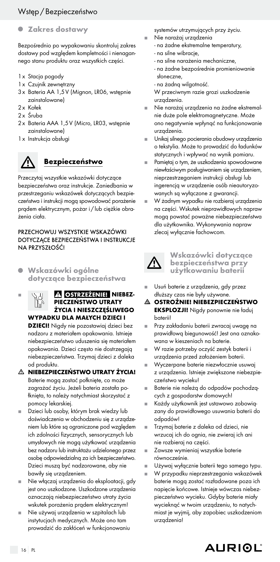 Wstęp / bezpieczeństwo, Zakres dostawy, Bezpieczeństwo | Wskazówki ogólne dotyczące bezpieczeństwa | Auriol Z29536 User Manual | Page 16 / 75