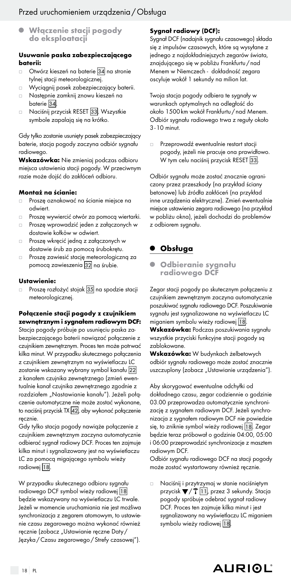 Przed uruchomieniem urządzenia / obsługa, Włączenie stacji pogody do eksploatacji, Obsługa | Odbieranie sygnału radiowego dcf | Auriol Z29536 User Manual | Page 18 / 75