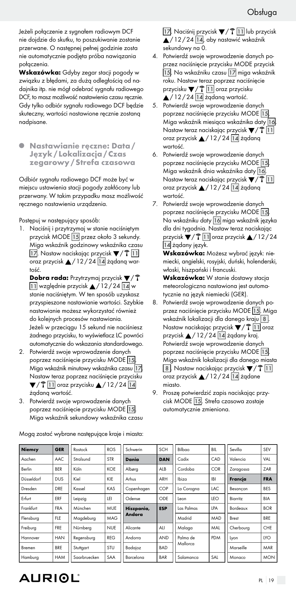 Obsługa | Auriol Z29536 User Manual | Page 19 / 75