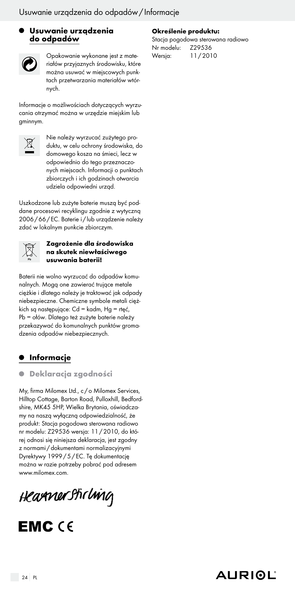 Usuwanie urządzenia do odpadów / informacje, Usuwanie urządzenia do odpadów, Informacje | Deklaracja zgodności | Auriol Z29536 User Manual | Page 24 / 75