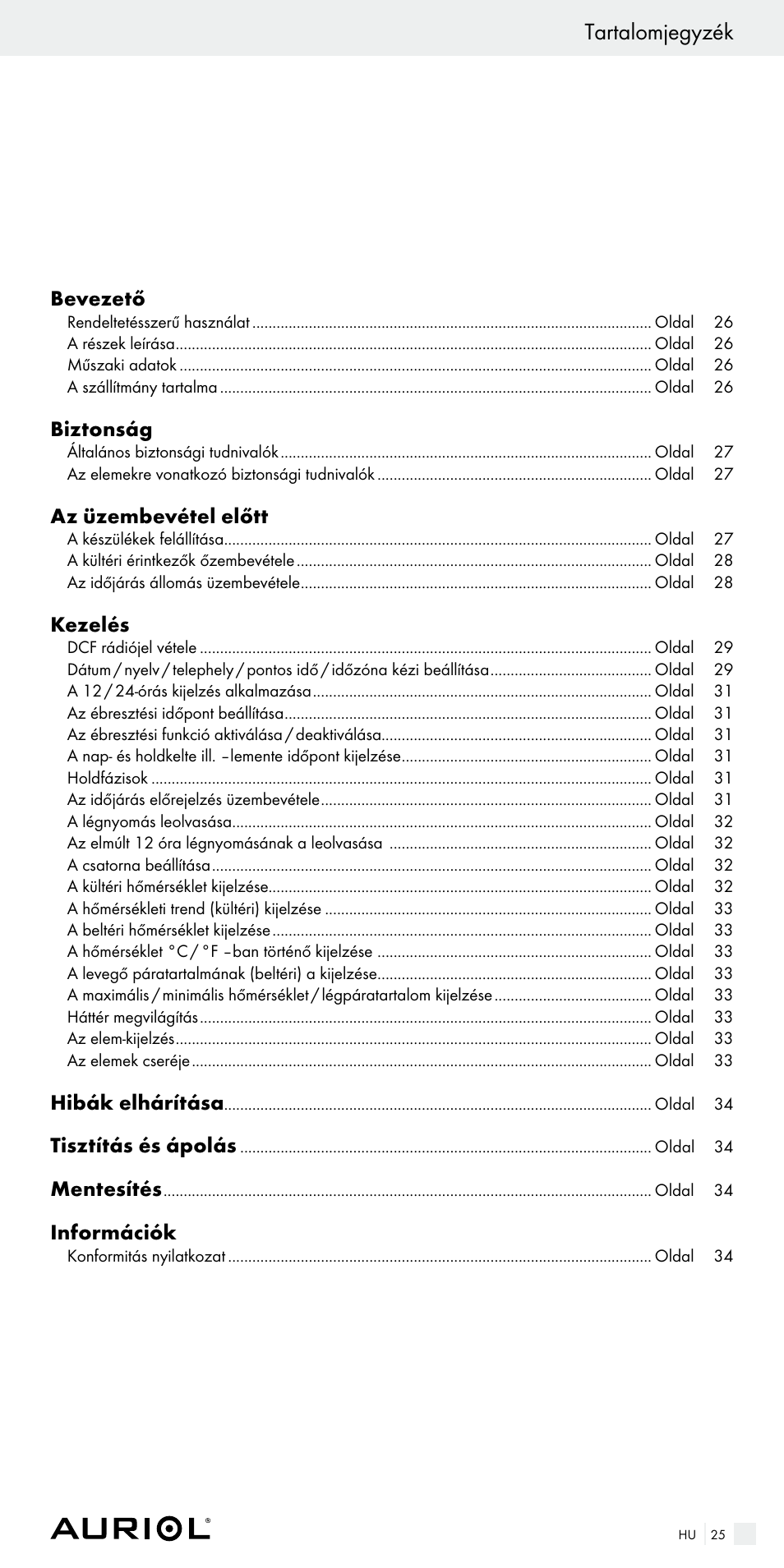 Tartalomjegyzék | Auriol Z29536 User Manual | Page 25 / 75