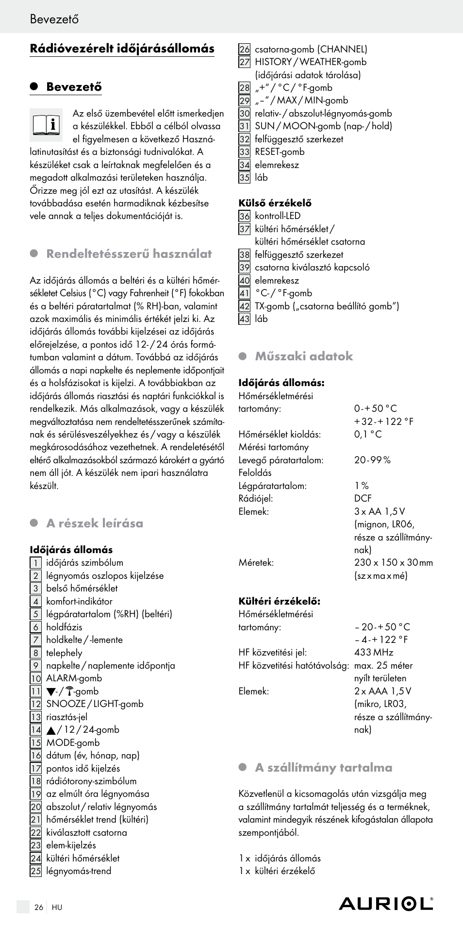 Bevezető, Rádióvezérelt időjárásállomás, Rendeltetésszerű használat | A részek leírása, Műszaki adatok, A szállítmány tartalma | Auriol Z29536 User Manual | Page 26 / 75