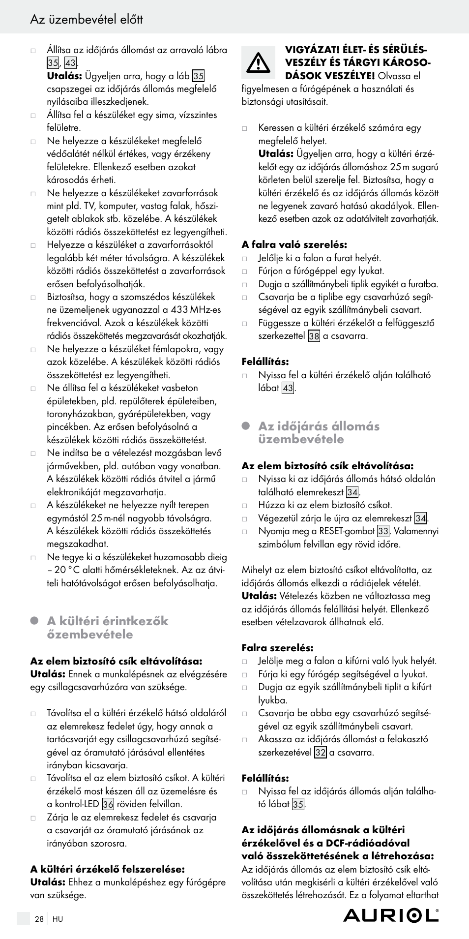 Az üzembevétel előtt, A kültéri érintkezők őzembevétele, Az időjárás állomás üzembevétele | Auriol Z29536 User Manual | Page 28 / 75