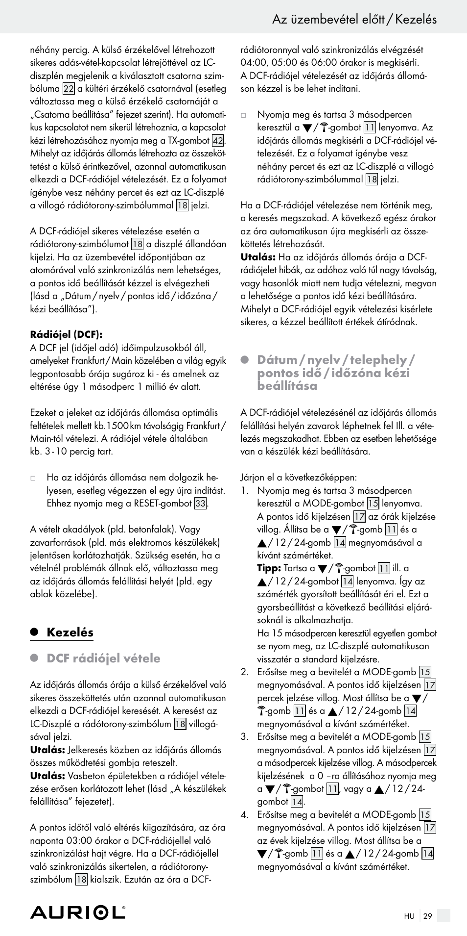 Az üzembevétel előtt / kezelés, Kezelés, Dcf rádiójel vétele | Auriol Z29536 User Manual | Page 29 / 75