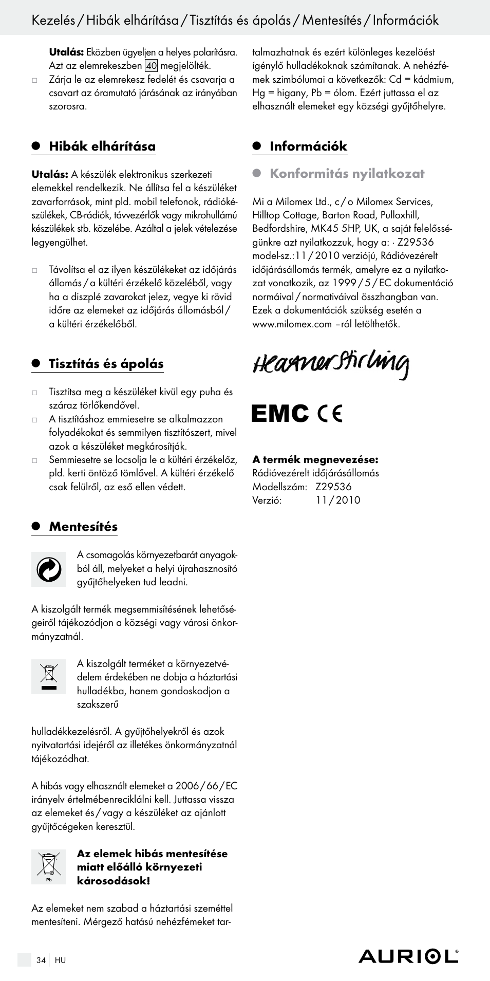 Hibák elhárítása, Tisztítás és ápolás, Mentesítés | Információk, Konformitás nyilatkozat | Auriol Z29536 User Manual | Page 34 / 75