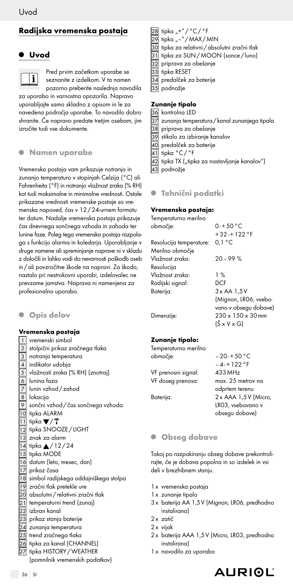 Uvod, Radijska vremenska postaja, Namen uporabe | Opis delov, Tehnični podatki, Obseg dobave | Auriol Z29536 User Manual | Page 36 / 75