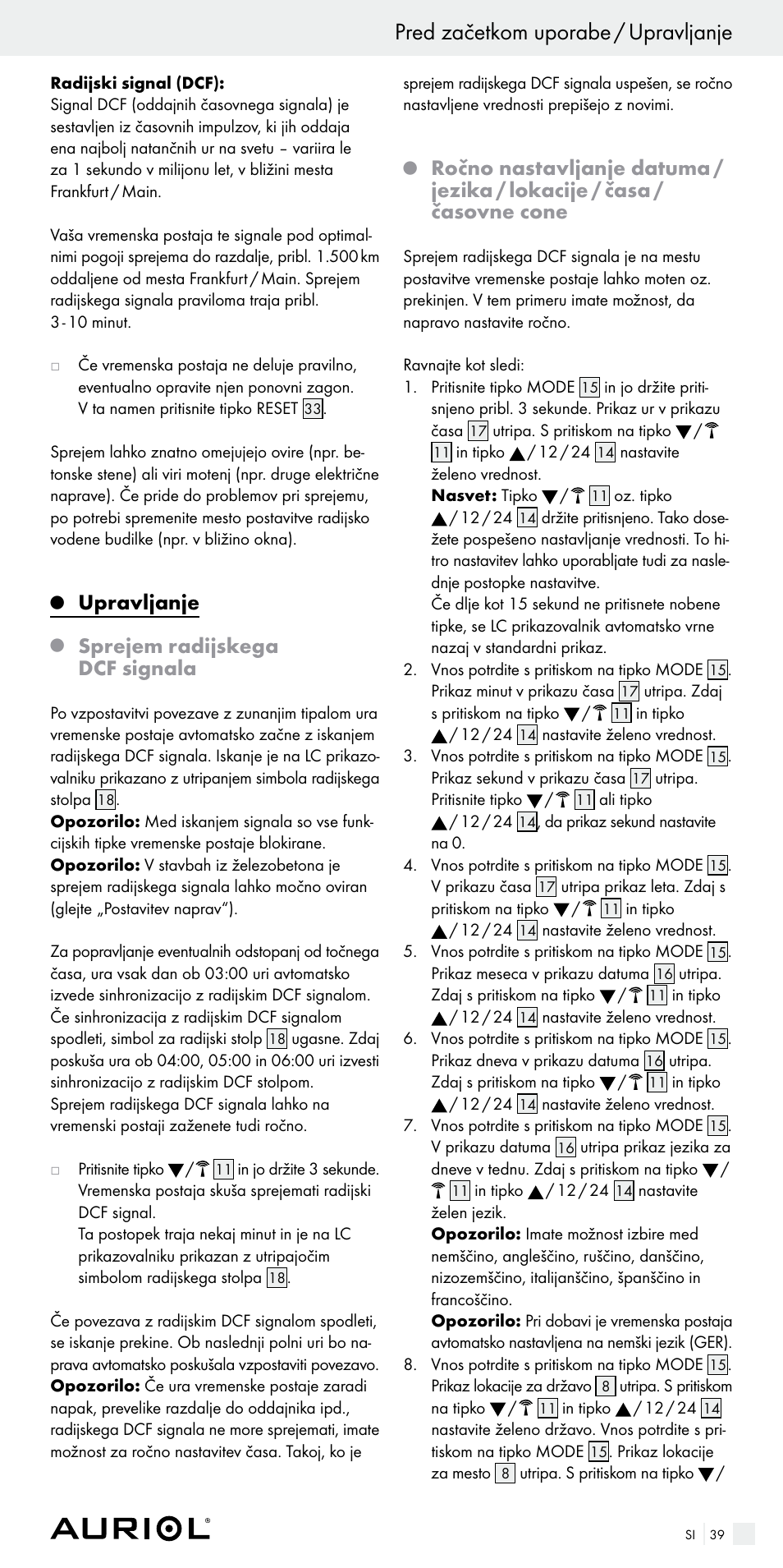 Pred začetkom uporabe / upravljanje, Upravljanje, Sprejem radijskega dcf signala | Auriol Z29536 User Manual | Page 39 / 75