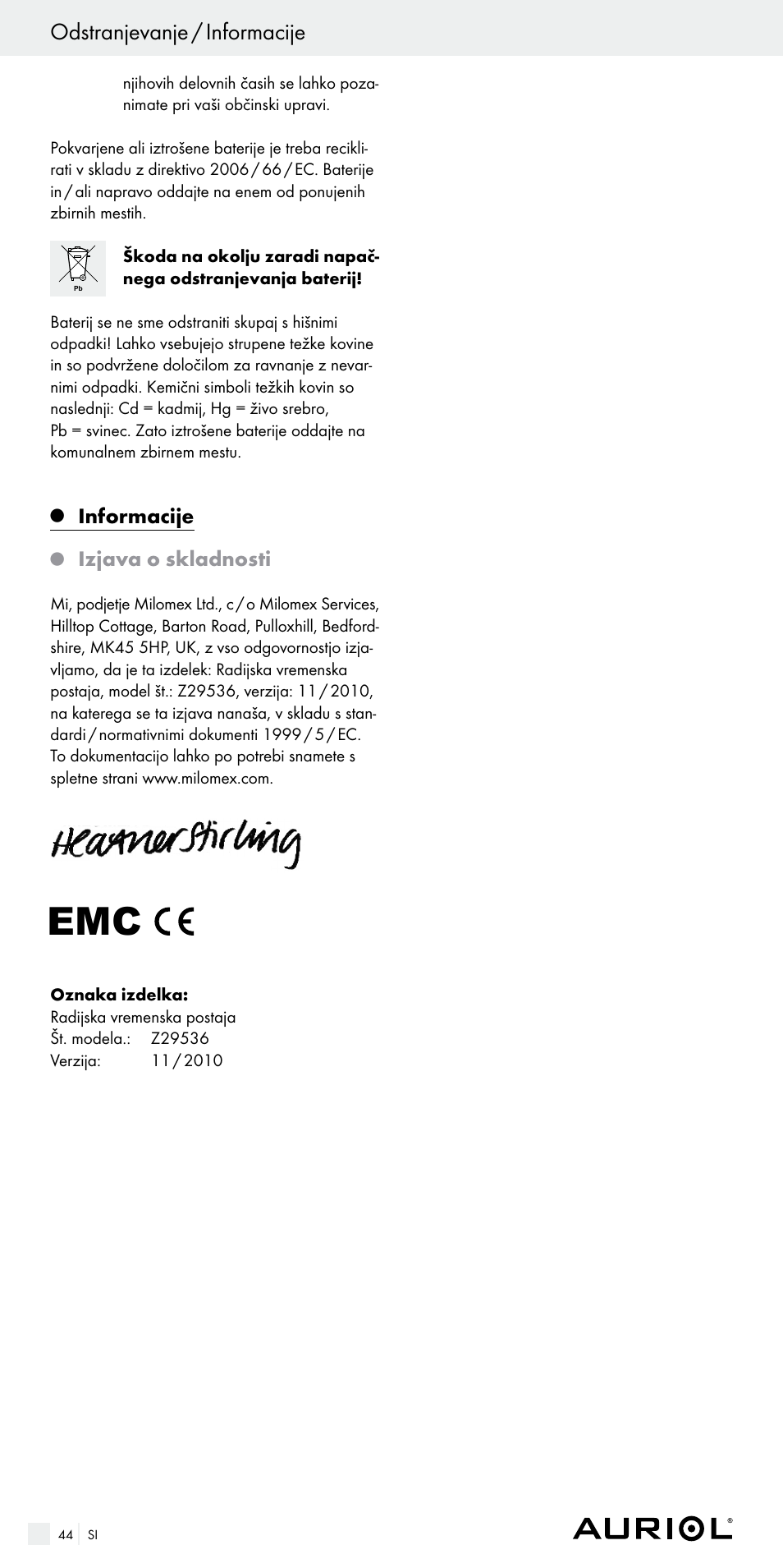 Odstranjevanje / informacije, Informacije, Izjava o skladnosti | Auriol Z29536 User Manual | Page 44 / 75